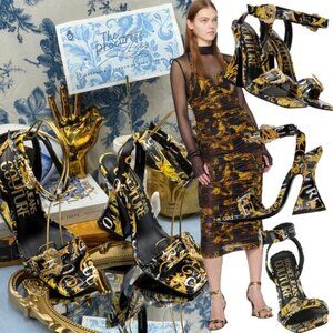 🆕 VERSACE JEANS COUTURE 🧿 NWOB Logo Couture Kirsten Heeled Sandals, Black Sz 7